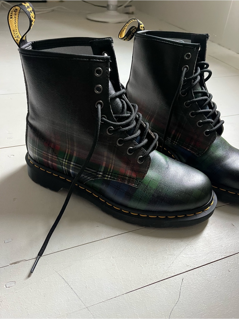 Dr. Martens Black Leather Boots with Green & Red Plaid